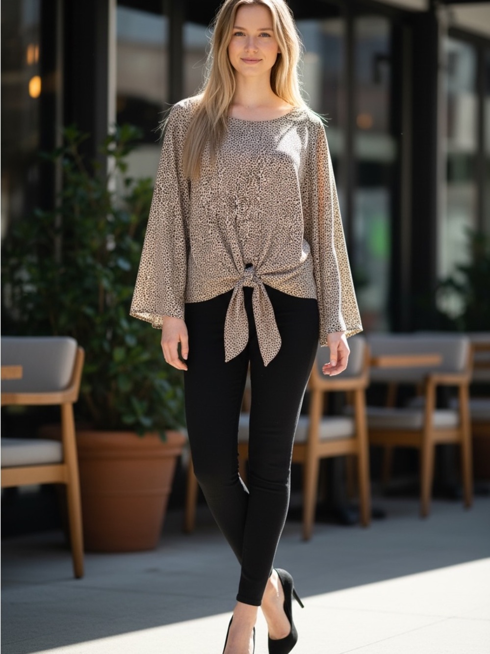 Tie-Front Animal Print Blouse in Taupe and Black